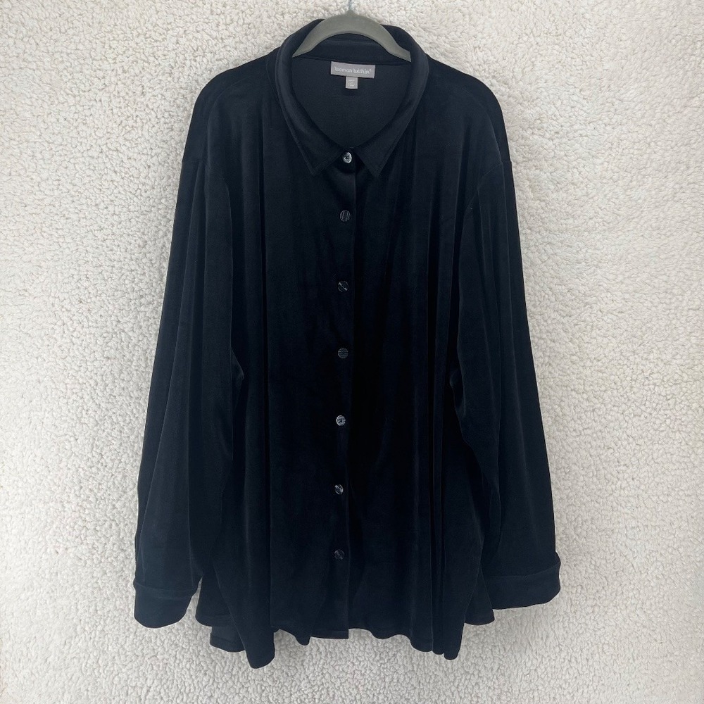 Woman Within Black Velour Button Up Shirt Plus Size 30/32 3X Long Sleeve